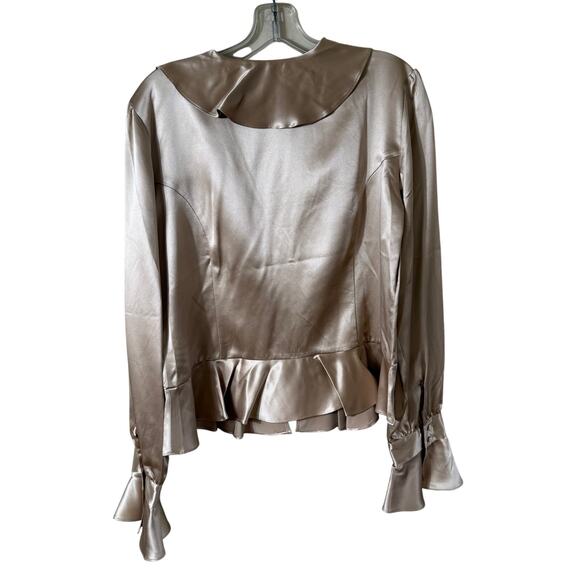 Vintage Satin Ruffle Peplum Blouse SZ L Poet Sleeve Tan V Neck Button Up Romanti - Picture 2 of 8